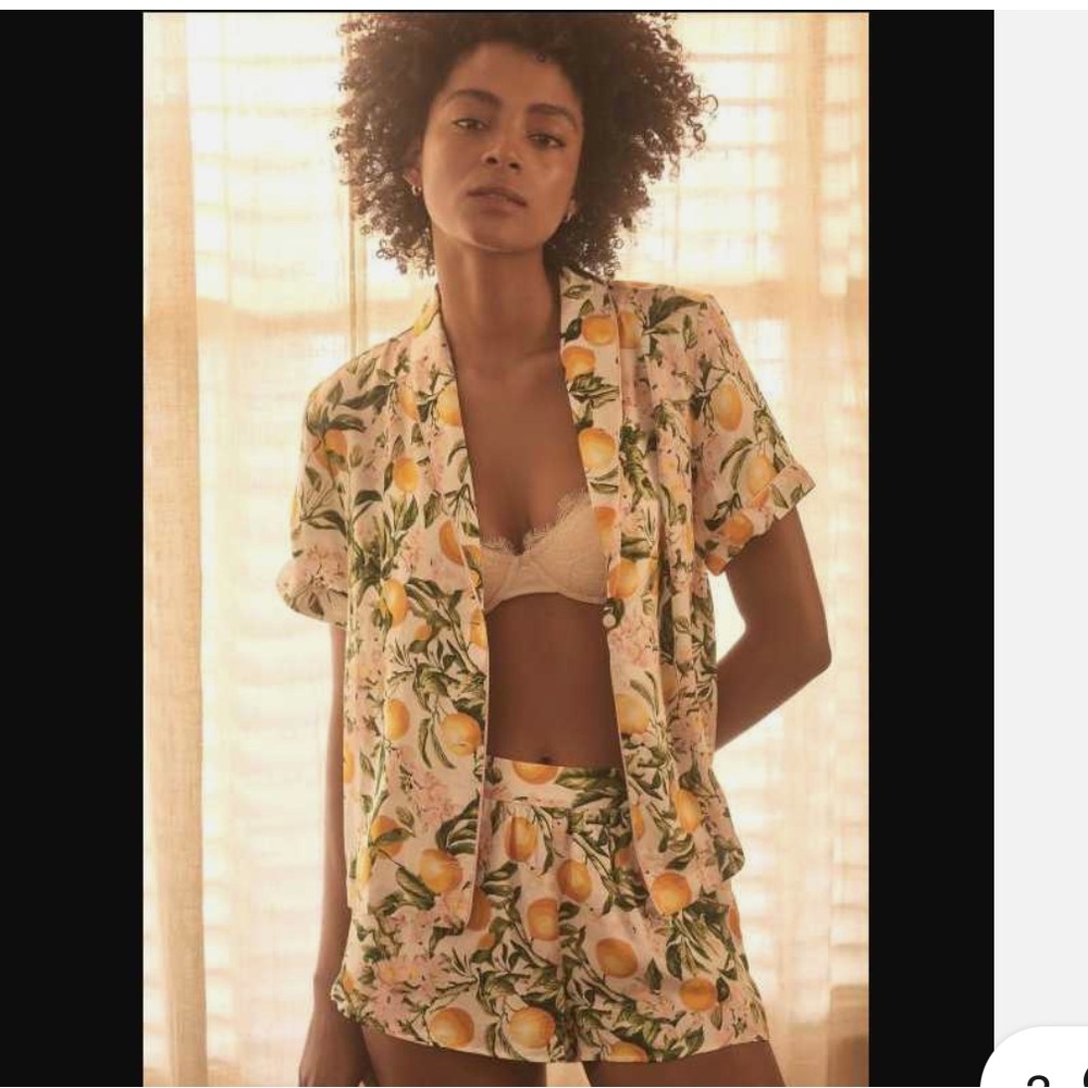 Anthropologie Silky Yellow and Green Lemon Pajama Set